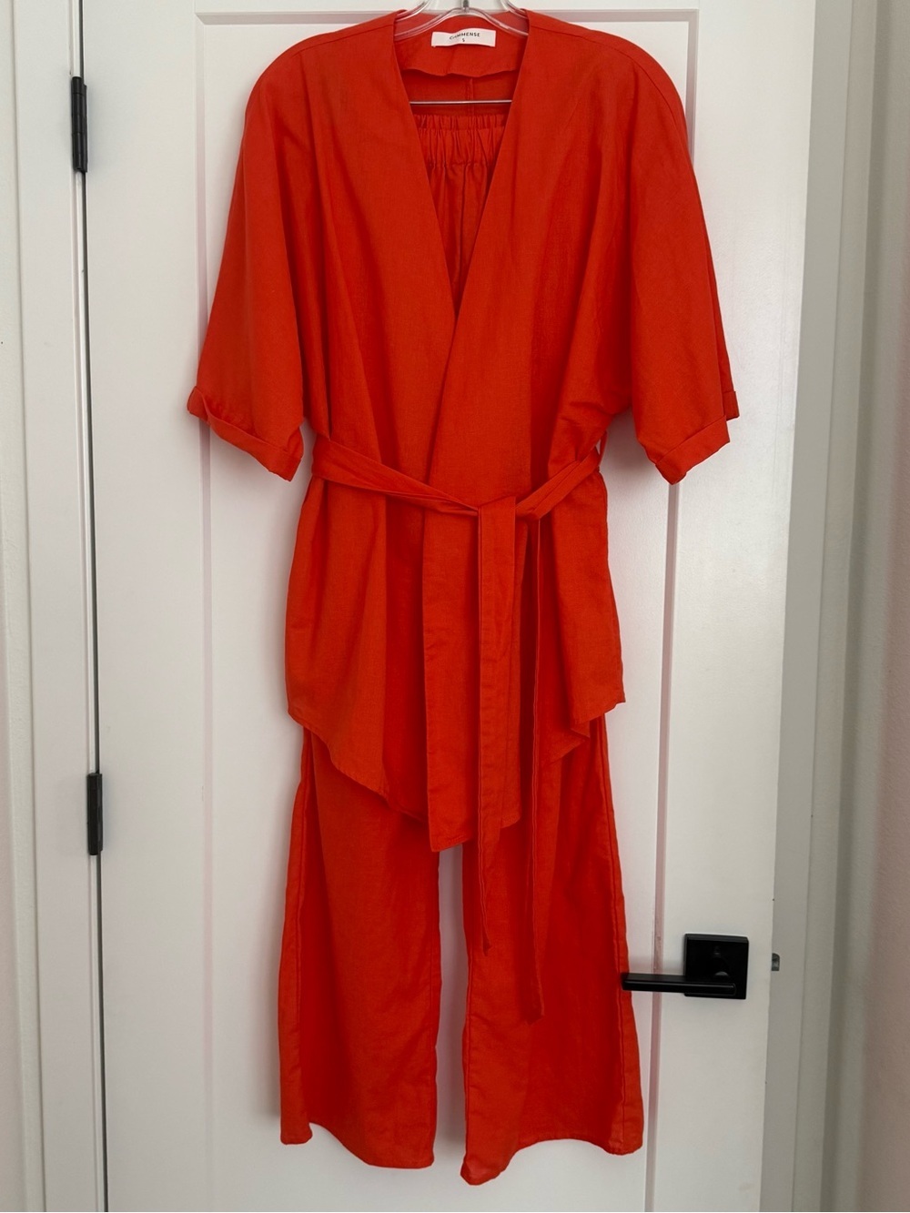 Orange Commense Cotton Linen Blend Belted Two Piece Wide Leg Pants Set Size S